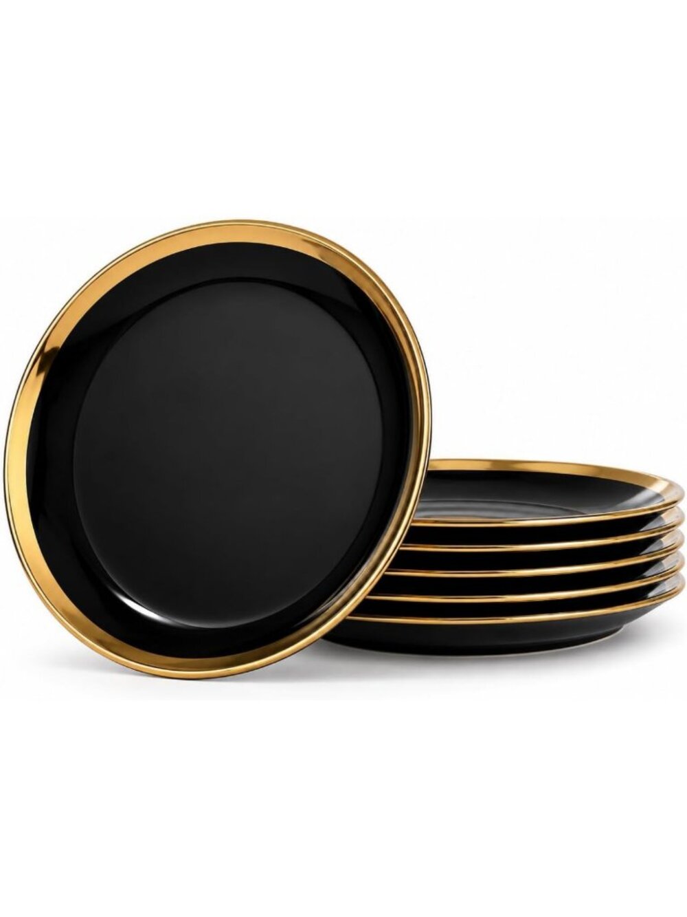 Elegant Black and Gold Trim Porcelain Salad Plates Set of 6 - 7.5-Inch